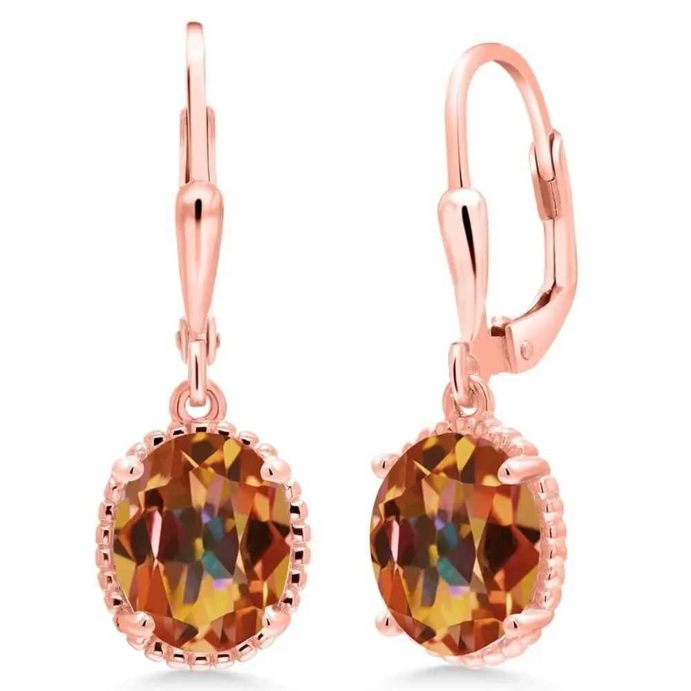 18K Rose Gold 925 with 4.00 Cttw Ecstasy Mystic Topaz Oval Leverback Earrings